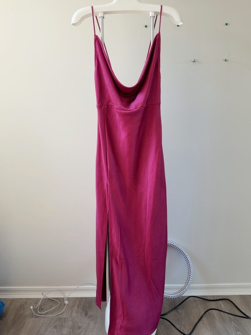 LIONESS Walk The Line Magenta Satin Cowl Neck Midi Dress S NWT